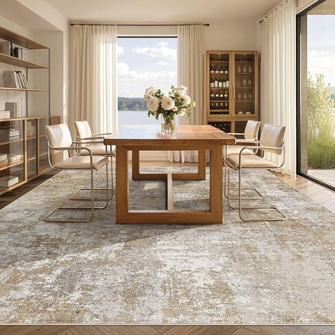 Tortania Washable 9x12 Area Rug for Living Room: Modern Abstract Neutral Large Soft Thin Rugs - Non Slip Indoor Carpet for Bedroom Dining Room Office Nursery Home Floor Decoration - Brown Grey in Saudi Arabia