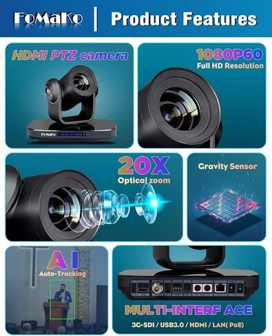 FoMaKo NDI PTZ Camera HDMI 1080P60 AI Auto-Tracking PTZ Camera 20X Optical Zoom, USB3.0 Type-C 3G-SDI HDMI PTZ Camera for Church Worship Education Conference Events, KN20 NDI Camera in Kuwait