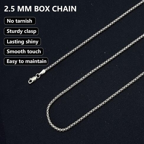 Nometo Solid 925 Sterling Silver Box Chain chain chain class clasp clasp chain for Men Silver Necklace chain for Women 16/18/20/22/24/26/30 Inches in Kuwait