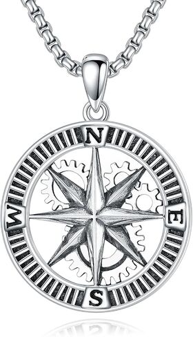 925 Sterling Silver Compass Necklace for Men, w/Stainless Steel Chain 22+2 Inch in Saudi Arabia