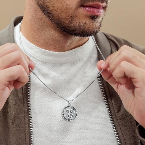 925 Sterling Silver Compass Necklace for Men, w/Stainless Steel Chain 22+2 Inch in Saudi Arabia