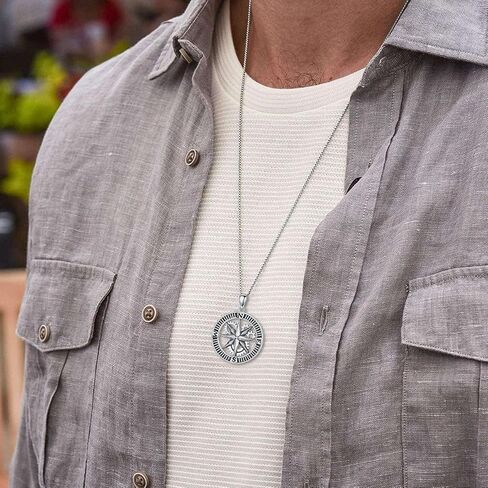 925 Sterling Silver Compass Necklace for Men, w/Stainless Steel Chain 22+2 Inch in Saudi Arabia