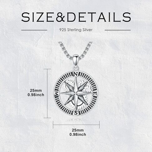 925 Sterling Silver Compass Necklace for Men, w/Stainless Steel Chain 22+2 Inch in Saudi Arabia