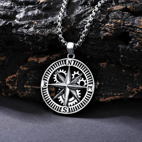 925 Sterling Silver Compass Necklace for Men, w/Stainless Steel Chain 22+2 Inch in Saudi Arabia