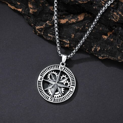 925 Sterling Silver Compass Necklace for Men, w/Stainless Steel Chain 22+2 Inch in Saudi Arabia