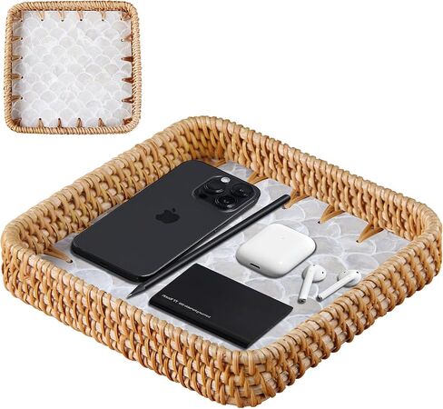 Rattan Rectangular Valet Tray-Rustic Decorative Desktop Vanity Trays,Organized Nightstand Pallet for Men- EDC Catchall Tray for Keys,Watch,Wallet,Jewelry-Modern Bedside Caddy in Saudi Arabia