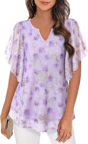 Furnex Women's Short Sleeve Tops Dressy Casual V Neck Double Layers Blouses Floral Mesh Tunics Tops in Kuwait