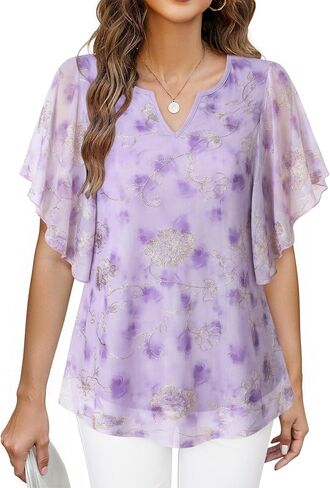 Furnex Women's Short Sleeve Tops Dressy Casual V Neck Double Layers Blouses Floral Mesh Tunics Tops in Kuwait
