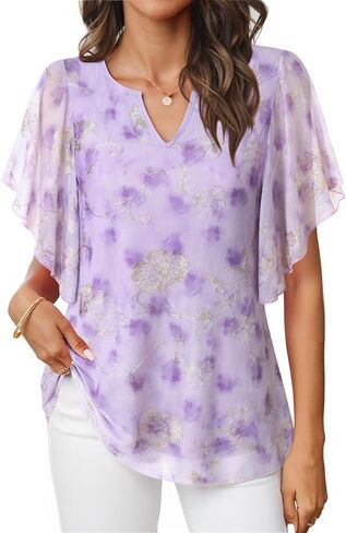 Furnex Women's Short Sleeve Tops Dressy Casual V Neck Double Layers Blouses Floral Mesh Tunics Tops in Kuwait