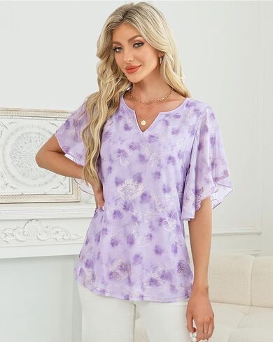 Furnex Women's Short Sleeve Tops Dressy Casual V Neck Double Layers Blouses Floral Mesh Tunics Tops in Kuwait