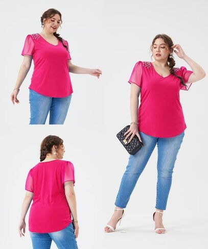 Tiyomi Plus Size Henley Tops قمصان قصيرة الأكمام للنساء Summer Tunics XL-5XL in Kuwait