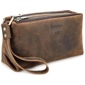 Full Grain Leather Double Zipper Clutch Bag for Men Travel Clutch Wallet Large Wristlet Purse with 6 Card Slots, Fit 8.3" iPad