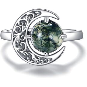 URONE Moss Agate Ring 925 Sterling Silver Moon Rings Moss Agate Jewelry Gifts for Women