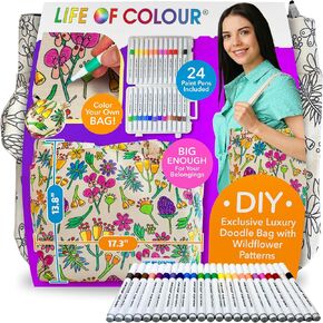 Life of Colour Doodle Bag with Wildflower Patterns – Enjoy Our DIY Tote Bag Craft Kits for Adults, Includes Canvas Tote & 24 Acrylic Markers – DIY Painting & Art Kit for Women