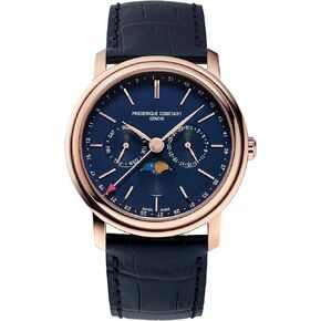 Frederique Constant Swiss Swiss Swiss Timer Moonphase Rose Gold Gold Stainless Steel Watch ، حزام جلدي أزرق ، نمط: FC-270N4P4
