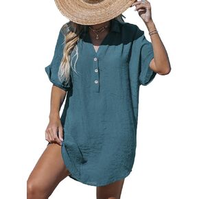 CUPSHE Women Swimsuit Cover Up V Neck Short Sleeve Button Front Beach Coverup Shirt Dress