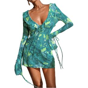 SOLY HUX Women's Tie Dye Mesh Sheer Cover Up Tie Backless Deep V Neck Long Sleeve Ruffle Beach Dress