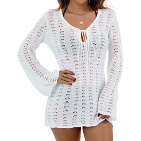 Eomenie Women Crochet Swim Cover Up Summer Bathing Suit Hollow Out Long Sleeve Dress Coverup Mesh Knit Beach Outfits