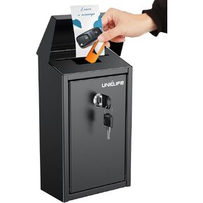 Uniclife Metal Donation Box Wall Mounted Mailbox with Top Slot, Collection Box with Key Lock, Safe Suggestion Box, Key Drop Box for Outside, Steel Cash Drop Box for Home Office and Business