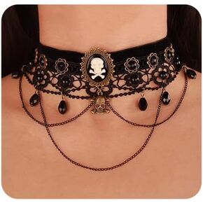 Chargances Punk Skull Necklace Gothic Black Lace Layered Chain Choker Halloween Rhinestone Beaded Collar Necklace 90s Cute Neck Jewelry for Women (Style 3)
