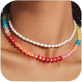 Beaded Necklaces for Women Colorful Gemstone Boho Choker Natural Stone 14K Gold Plated Rainbow Bead Handmade Necklace Beach Summer Jewelry