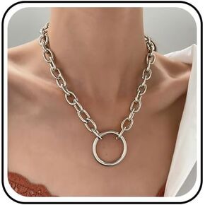 Gold Chunky Choker Necklace - Large Thick Circle Pendant Necklace With Open Hollow Circle Design and Paperclip Chain