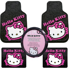 Hello Kitty Collage Hot Pink Sanrio الأمامي والخلفي شاحنة شاحنة SUV SUV الحصير المطاطية ومجموعة غطاء عجلة القيادة - 5 مساءً