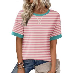 Zeagoo Womens Tops Casual Oversized Short Sleeve Sweatshirt Summer Striped Shirt Crewneck Pullover Loose T Shirts Blouse in Saudi Arabia