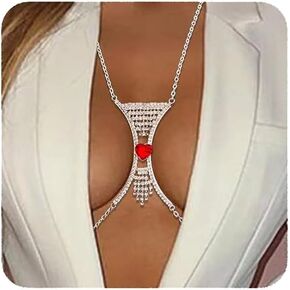 Yertter Rhinestone Red Crystal Chest Bracket Bra Bra Chain Bikini Silver Body Body Chain Rhinestone Chain Chain Beach Lingerie Chake للنساء （Silver Red）