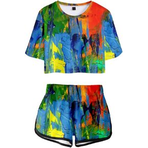 AMOMA Women's Abstract Oil Painting Crop Top T-Shirt and Shorts Tracksuit Two Pieces Sets Outfits