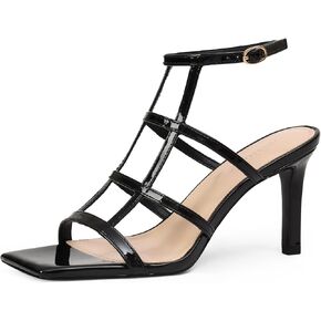 Womens Strappy Heels 3 inch Slingback Square Open Toe Stilettos Sandals, Patent Leather, Sexy Party Dress Shoes
