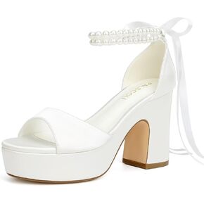 Platform Wedding Shoes for Bride Open Toe Bridal Shoes Pearl Heels Block Heel Wedding Sandals