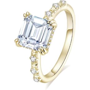 Fancy Blue Moissanite Engagement Ring for Women Total 2.65cttw VVS1 Clarity Asscher Cut Lab Created Diamond Wedding Band S925 Sterling Silver with 9K Gold Plated Wedding Ring for Her Size 4-9