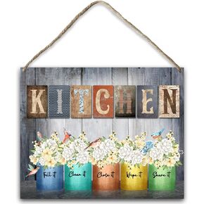 Kitchen Wood Hanging Sign, Flower Art Wood Sign Plaque with Rope, Kitchen Decor Wall Wooden Plaque Hang Ornament, Dining Room Home Door Shelf Decorative Supplies, Housewarming Christmas Gift -01