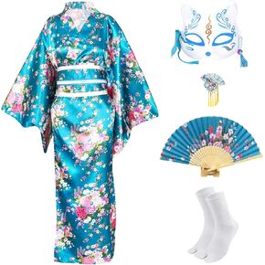 Japanese Kimono for Women Geisha Costume Asian Dress Anime Costume Yukata Kimono Robe Mask Hand Fan Socks 5pc in Kuwait