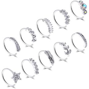 20G Nose Rings Hoop 10Pcs Stainless Steel Nose Rings Leaf Feather CZ Cartilage Earrings Nose Body Piercing Jewelry for Women Septum Clicker Tragus