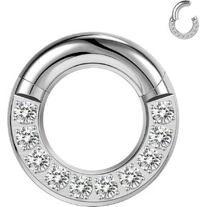 ZS Hinged Segment Clicker PA Ring Spring Action BCR Rings, Cubic Zircon Septum Nose Rings, Surgical Steel Pierced Body Jewelry for Men Women