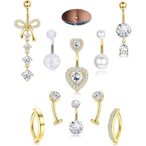 JeryWe Hypoallergenic Belly Button Ring Surgical Stainless Steel Dainty Dangle Navel Piercing Jewelry CZ Bow Heart Ball Pearl Clicker Piercings for Women