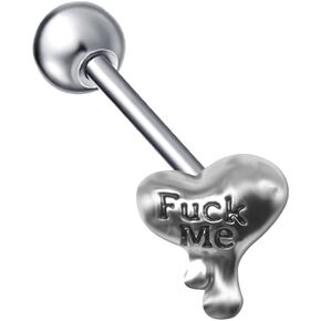 14G Surgical Steel Heart Tongue Ring for Women Girls Letter Cum Here Naughty Words Love Heart Tongue Piercing Studs Straight Bar Barbell Body Piercing Jewelry