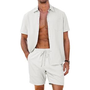 Men's 2 Piece Casual Summer Beach Button Down Shirt Short Sleeve Solid Shirts and Shorts Yoga Outfits Sets