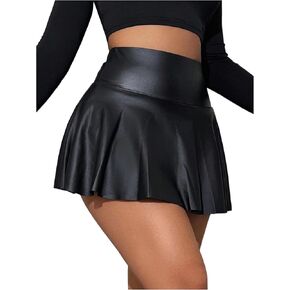 OYOANGLE Women's Pu Leather Elastic High Waist Skorts Ruffle Hem Casual Flared Skirt Shorts