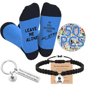 Jiu Jitsu Gifts for Men - 4-Piece Set with BJJ Socks Bracelet Keychain & Stickers - Great Gift for Jiu Jitsu Enthusiasts, Martial Artists, and Grapplers