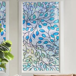 Privacy Window Film with UV Protection & Heat Insulation, Static Cling Sun Blocking Window Cover, Colored Leaves Design for Home Bathroom Glass,17"x78.7"