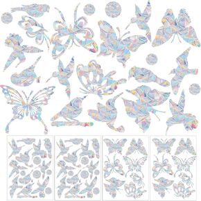 4 Sheets Anti Collision Window Clings, Rainbow Reflection Window Sticker to Prevent Bird Strikes Bird Alert Static Decals Window Strike Prevention Decals (Leaves, Mushroom, Butterfly)