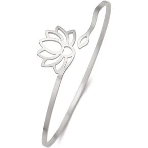 Dreamtimes Lotus Flower Bracelet for Women Encouragement Lotus Flower Adjustable Bracelet Vintage Jewelry Buddha Yoga Bracelet Stainless Steel Cuff Bangle
