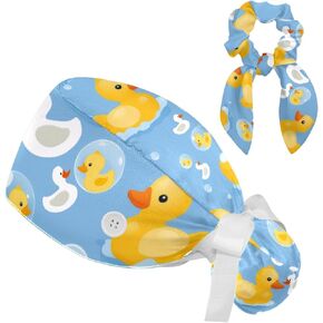 Scrub Caps Women, Cartoon Duck, Ponytail Holder Surgical Cap with Hair Scrunchy