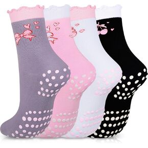 4 Pairs Women Cute Pilates Socks with Grip Non Slip Crew Yoga Socks for Pilates Barre Slipper Hospital Gifts