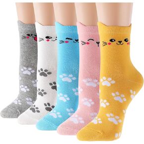 Cat Socks for Women: 5 Pairs Colorful Cute Animal Crew Socks - Novelty, Soft Knit, Cozy