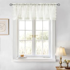 Beige Lace Valances for Windows, Sheer Curtain Valance for Kitchen Cafe Dining Bedroom Living Room, Scalloped Embroidered Rose Floral Rod Pocket Half Window Treatment, 1 Panel, 58 x 16 Inch