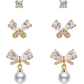 3 Pairs 14K Gold Plated 925 Sterling Silver Posts Bow Earrings for Women, Cubic Zirconia Bow Butterfly Stud Earrings Hypoallergenic Earrings Fashion Jewelry Gifts for Women in Kuwait